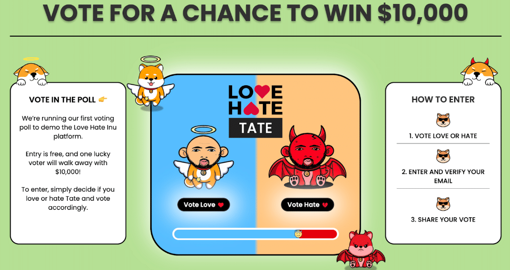 Love Hate Inu – Rival de Shiba Inu – arrecada US$ 4,4 milhões e lança concurso viral de US$ 10 mil para votação de amor e ódio a Andrew Tate