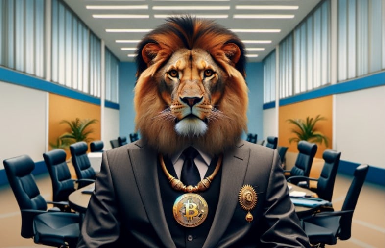 Melhores corretoras de criptomoedas - Imagem fictícia de um leão engravatado com um colar de bitcoin